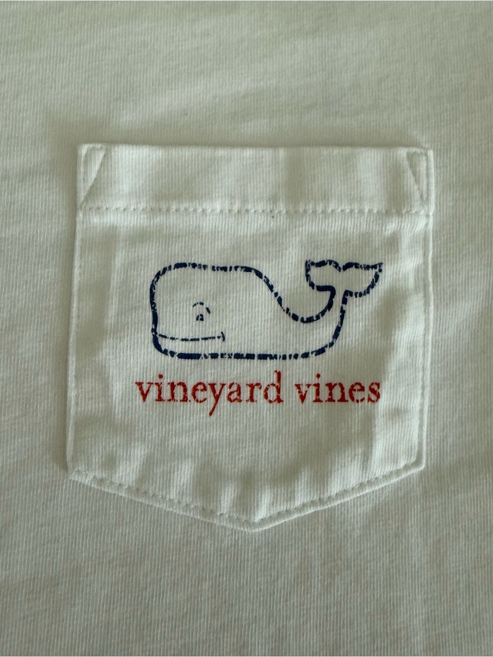 Vineyard Vines White Pocket Tee with distressed Navy Whale and Red Logo